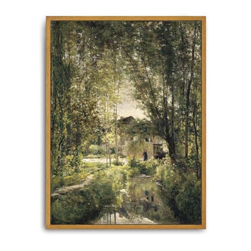 Roslynity Framed Canvas Wall Art Vintage Print Oil Paintings Landscape with a Sunlit Stream Country Rustic Summer Green French Retro Aesthetic for Home Living Room Bathroom Wall Decor (12"x16")