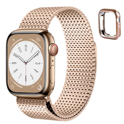 Fullmosa Compatible Apple Watch Metal Bands 41mm 40mm 38mm, Stainless Steel Mesh Loop Magnetic Clasp iWatch Band with TPU Case for iWatch Series 9 8 7 6 5 4 3 2 1 SE SE2 for Men Women (Rose Gold)