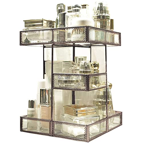 Vintage Glow Antique 360 Degree Rotating Makeup Organizer,4-Tier Spinning Perfume Tray,Countertop Cosmetic Storage,Glass Beauty Display,Retro Large Capacity Vanity Organizer for Brushes Skincare