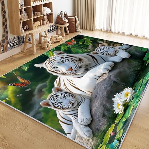 Living Room Area Rug 4x6 ft Animal White Tiger Washable Non-Slip Area Rug, 3D Print Low-Pile Carpet for Bedroom, Kids Room, Nursery, Home Decor Rugs