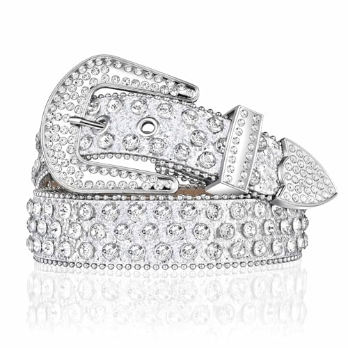Sueyale Rhinestone Belt for Women Men: Bling Studded Leather Belt BB Belt Western Cowgirl Cowboy Y2K Style Shining Diamond Sequin Waist Belt for Jean Pants Dress, Silver, L