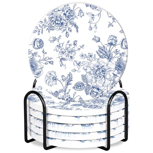 FYSUIMU 6Pcs White Blue Floral Coasters Vintage Flower Ceramic Drink Coasters Absorbent Chinoiserie Cup Mat for Home Kitchen Office Party Table Decor