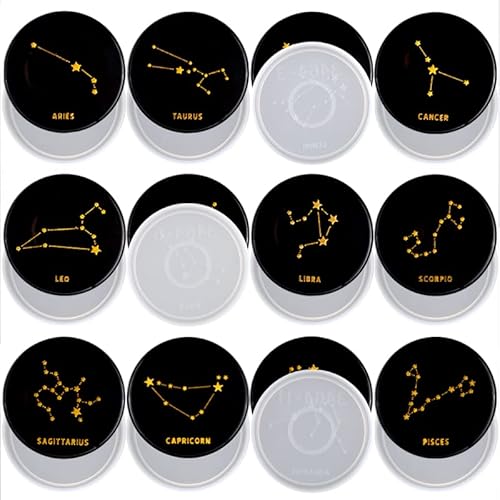 RESIN GO Zodiac Resin Molds Silicone Kit, 12 Constellations Resin Molds, Horoscope Casting Coaster Resine Mould with Stand Storage Holder Epoxy Moldes De Silicona para Resina Art Home Decorations