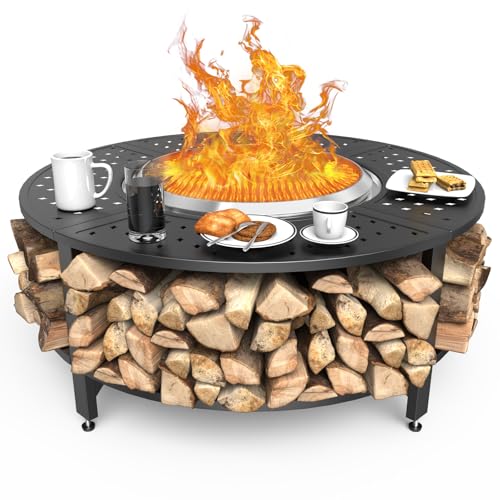 Uniflasy 48" Fire Pit Surround Tabletop for Solo Stove Yukon/Bonfire & Tiki, Powder-Coated Steel Surround Table with Firewood Storage Shelf for Safety & Extra Space, Outdoor Smokeless Fire Pit Table