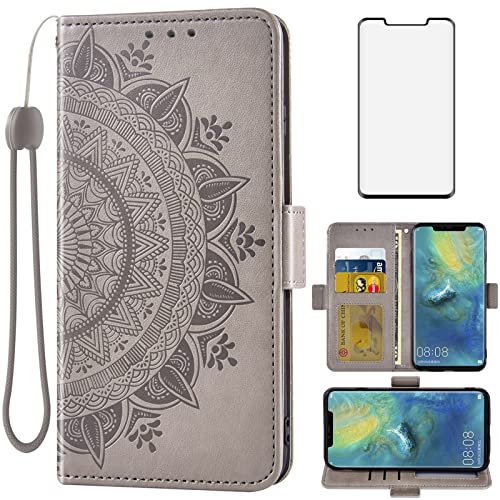 Asuwish Compatible with Huawei Mate 20 Pro Wallet Case Tempered Glass Screen Protector Credit Card Holder Flip Wrist Strap Stand Cell Phone Cover for Hawaii Mate20Pro Mate20 20Pro Men Grey