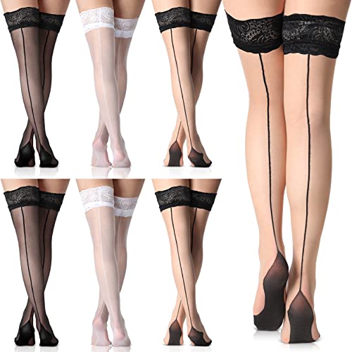 Sintege 6 Pairs Thigh High Stockings Cuban Heel Stockings Sheer Seamed Socks Backseam Thigh High Closed Toes Socks for Women(Lace Style)
