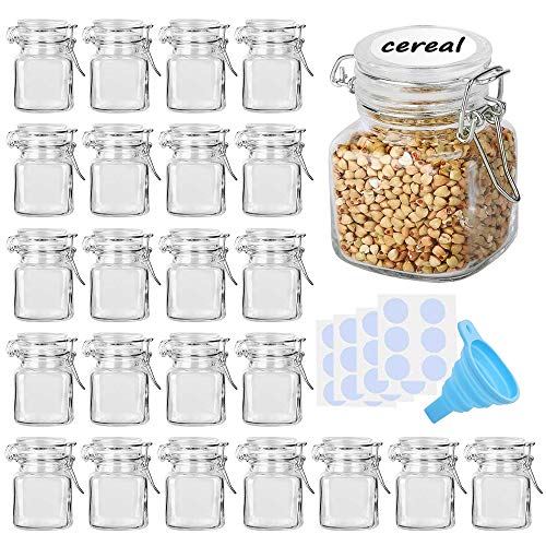 SPANLA Spice Jars, 24 Pack 4oz Small Glass Jars with Airtight Hinged Lid, With 24 Spice Labels & Silicone Funnels, Airtight Glass Jars for Spices, Condiments Herb Seasoning Art Craft Storage