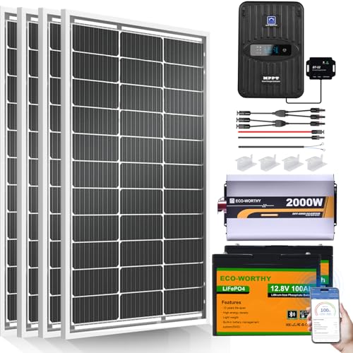 ECO-Worthy 1.6KWH Complete Solar Panel Kit 400W 12V for RV Off Grid: 4 * 100W Solar Panel + 40A MPPT Controller + 2 * 12V 100Ah Lithium Battery + Upgraded 2000W Power Inverter + Bluetooth Module
