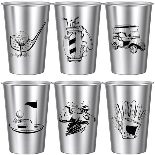 Potchen 6 Pack Golf Stainless Steel Pint Cups for Golf Lovers Women Men, 16 oz Stackable Durable Cup Metal Drinking Glasses, Funny Golf Gifts Golf Coffee Cups Prize for Golfers