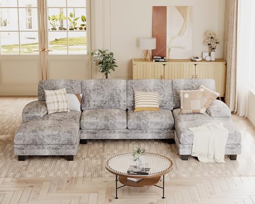 JUMMICO Sectional Couches for Living Room, U Shaped Couch with Chenille Fabric, 4 Seat Modern Sofa with Removable Pillows for Apartment and Small Space (Fabric, Grey)