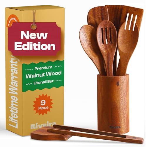 Riveira Walnut Wooden Spoons for Cooking Set of 9 – Natural Walnut Wooden Cooking Utensils, Spatula, Spoon - Premium Quality Utensil Set for Non-Toxic Cooking