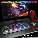 Wireless RGB Backlit Gaming Keyboard and Mouse, Rechargeable, Long Battery Life, Metal Panel Mechanical Feel Keyboard with Palm Rest, 7 Color Mouse and Mouse Pad for Game and Work