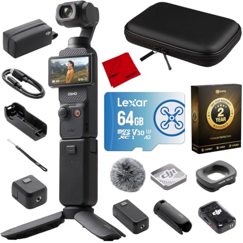 DJI Osmo Pocket 3 Creator Combo Gimbal Stabilizer with 1′′ CMOS & 4K/120fps Video, 3-Axis Stabilization Bundle with 10" Hard EVA Case, 64GB Memory Card and 2 YR CPS Enhanced Protection Pack