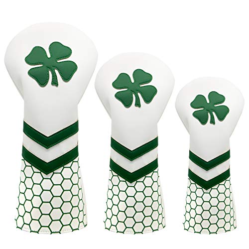 3pcs Golf Club Covers for Driver and Woods - Lucky Clover Golf Driver Headcover, Rotatable #3 5 Fairway Woods Head Cover, Hybrid Headcover - White Synthetic Leather Golf Club Head Covers