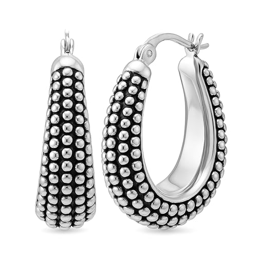 LeCalla 925 Sterling Silver Caviar Hoop Earrings Medium Oval Antique Oxidized Lightweight Click-Top Beaded Hoops for Women - 27MM
