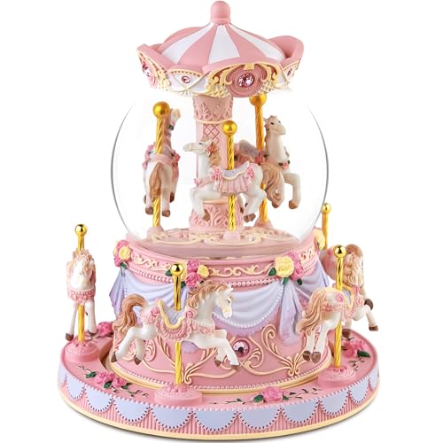 Mr.Winder Carousel Music Box Snow Globe Unicorn Horse Musical Boxes with Color Lights, for Girls Women Daughter,Gift for Anniversary Christmas Birthday