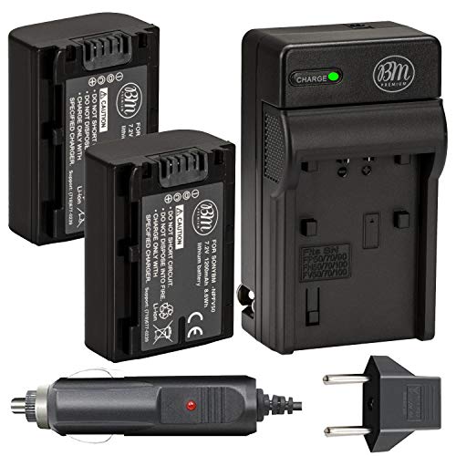 BM Premium Pack of 2 NP-FV50 Batteries and Battery Charger for Sony FDR-AX53, HDR-CX675/B, HDR-CX455/B, HDR-CX330, HDR-CX380, HDR-CX430V, HDR-CX900, TD30V, HDR-CX260V, HDR-CX580V, HDR-CX760V, HDR-PJ200, HDR-PJ230, HDR-PJ340, HDR-PJ380, HDR-PJ430V, HDR-PJ540, HDR-PJ650V, HDR-PV710V, HDR-PJ670, HDR-PV790V, HDR-PJ810, HDR-TD30V, FDR-AX33, FDR-AX100 Handycam Camcorder