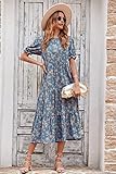 PRETTYGARDEN Women's Summer Casual Boho Dress Floral Print Ruffle Puff Short Sleeve Flowy Midi Beach Party Dresses (Blue Apricot,Large)