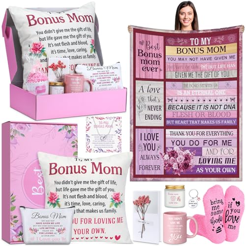 Dingion 11 Pcs Bonus Mom Gifts Set Stepmom Birthday Gifts with Makeup Bag Mug 50" x 60" Throw Blanket Socks Keychain Pillow for Christmas