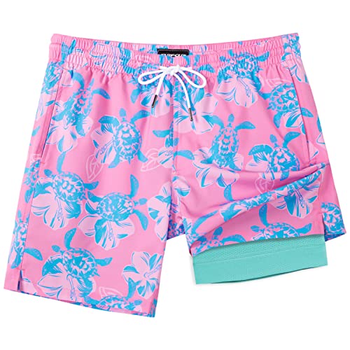 SURF CUZ Mens Swim Trunks with Compression Liner Quick Dry Swim Shorts 7" Swimming Trunks Stretch Zipper Pockets Pink Blue Turtles Medium