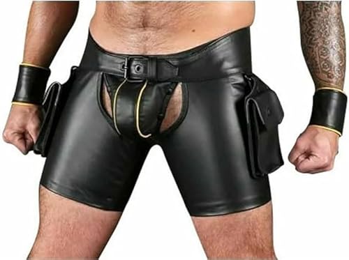 Genuine Leather Men's Shorts – Cowhide Chaps Look, American Biker Style (US, Waist, 34, Short, Shorts with Wrist Bands)