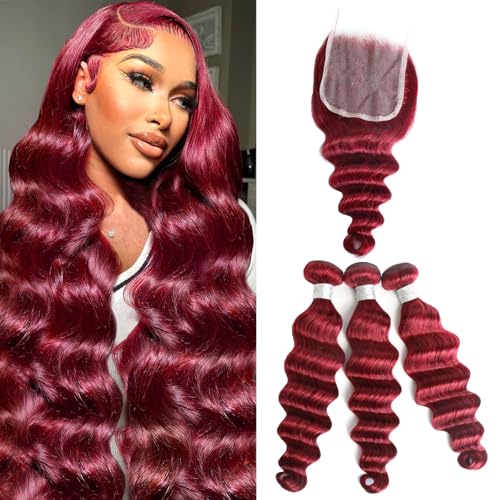 99j Burgundy Human Hair Bundles with Closure (18 20 22+18) Wine Red Colored 10A Brazilian Loose Deep Wave 3 Bundles Human Hair and 4x4 Free Part Lace Closure