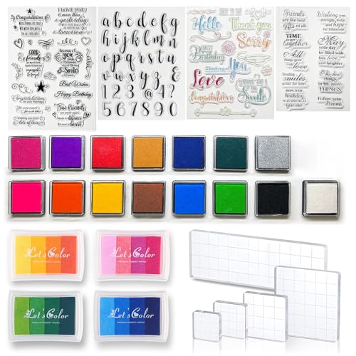 29 Pieces Acrylic stamps for crafting Set Include 5 Acrylic Blocks Stamping Clear Block, 4 Transparent Silicone Clear Stamps Seal, 19 Craft Ink Pad Stamp Pad for Scrapbooking Card Making Supplies