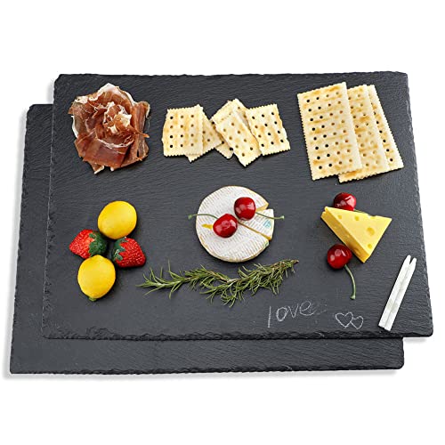 WLWNWFT 2 Pcs 16x12in Large Slate Cheese Boards Slate Board for Meat Cheese Appetizers, Slate Cheese Tray Serving Plate Tray Serving Stone Board Slate Platter with 2 Chalks for Christmas Housewarming