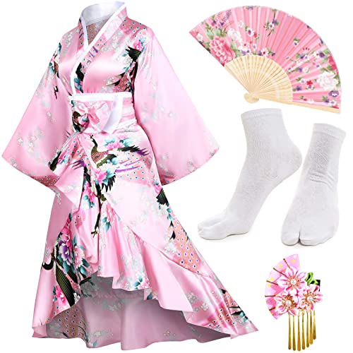 Japanese Anime Women's Kimono Robe Geisha Yukata Sweet Tuxedo Ruffle Dress Blossom Satin Bathrobe Sleepwear Fans Tabi Socks Set Pink-S