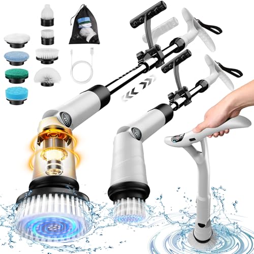 2024 Upgrade Electric Spin Scrubber, Cordless Scrubber for Cleaning with 8 Brush Heads, 3 Power Speeds Display, Effortless Detachable Long Handle, IPX7 Power Scrubber for Household Clean (White)