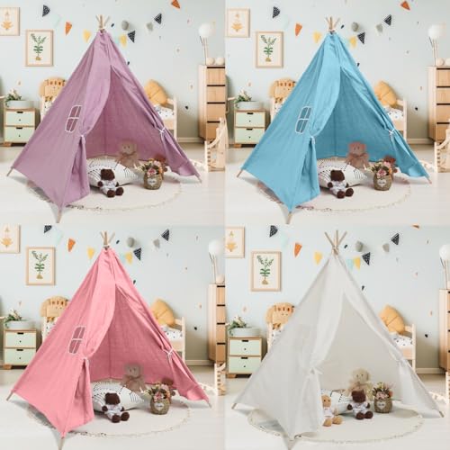 Wesnoy 4 Pcs Teepee Tent for Kids Indoor Foldable Toddler Cotton Canvas Sleepover Childrens Tent for Girls Boys Outdoor Playhouse Room Camping Study Read Play Game, 4 Colors