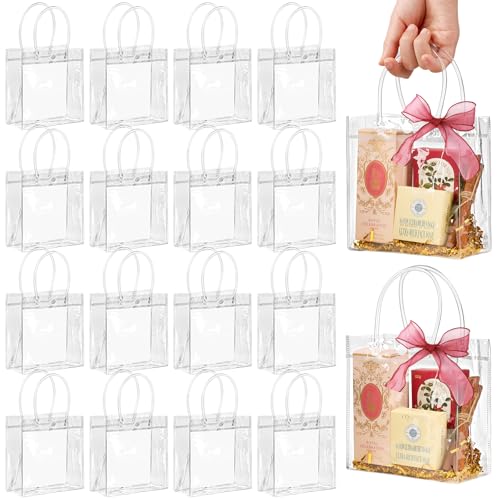 Jutieuo 30 Pack Clear Plastic Gift Bags with Handle, 5.9" x 6.3" x 2.8", Reusable Transparent PVC Gift Wrap Tote Bags Bulk with Ribbons for Wedding, Baby Shower, Birthday Party Favor Bags