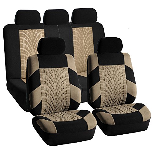 FH Group Car Seat Covers Full Set Premium Cloth - Universal Fit, Automotive, Low Back Front Washable Seat Covers, Airbag Compatible, Split Bench Rear Seat for SUV, Sedan Beige
