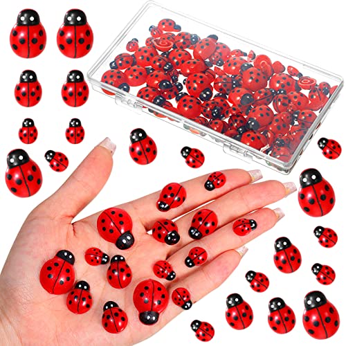 Hicarer 100 Pieces Ladybug Decor Flatback Resin Tiny Ladybug Epoxy Pendants Mini Ornaments with Box for DIY Craft Cloth Pen Box Home Decoration, 3 Sizes(Ladybug,Red)