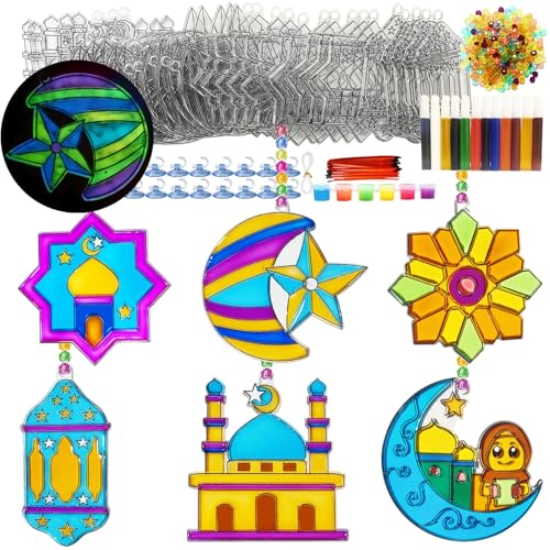 Ayhuhra 30 Sets Ramadan Suncatcher Crafts Kits Eid Al Fitr Sun Catchers DIY Window Art Moon and Star Suncatchers Lantern Mosque Sun-Catcher for Islamic Craft Ramadan Mubarak Decorations