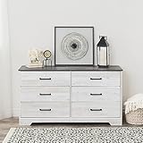 Prepac Rustic Ridge Farmhouse 6-Drawer Double Dresser, Washed White Dresser for Bedroom, Chest of Drawers with 6 Storage Drawers, 53.25” wide x 18.25” deep x 28.5” tall, Washed White