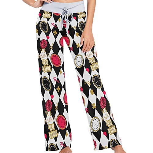 ZzWwR Womens Alice in Wonderland Pattern Chess Board Soft Lounge Pajama Pants Wide Leg Sleepwear Bottom