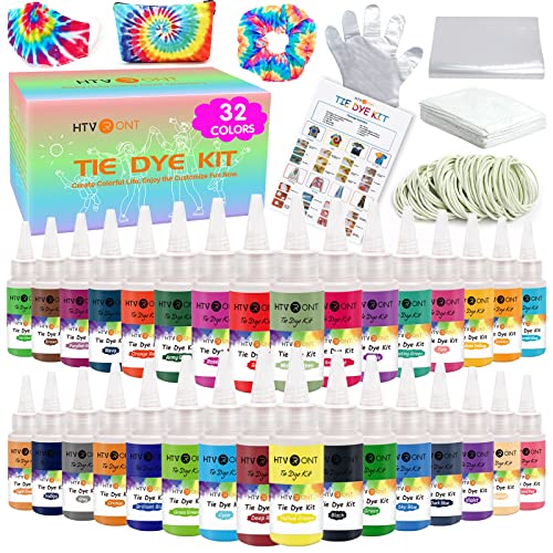HTVRONT Tie Dye Kit - 32 Vibrant Colors Pre-Filled Bottles Tye Dye Kit, Permanent Non-Toxic for Large Groups Kids Adults, Tyedyedye Kit Fabric Textile Handmade Party(Just Add Water)