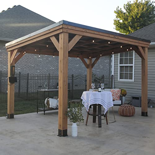 Backyard Discovery Arcadia 12' x 9.5' Cedar Wood Outdoor Gazebo Pavilion with Hardtop Galvanized Steel Slope Roof, Snow Support, Wind Resistance, PowerPort, Shade for Garden, Patio, Deck, Entertaining