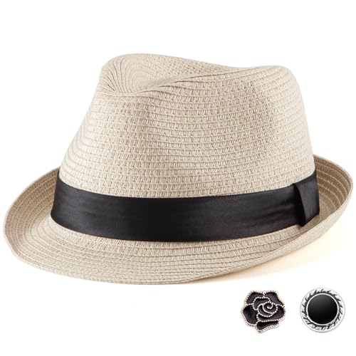 LADYBRO Summer Beige Straw Trilby for Men 1920s Short Brim Fedora Hat Beach Travel 7 1/4