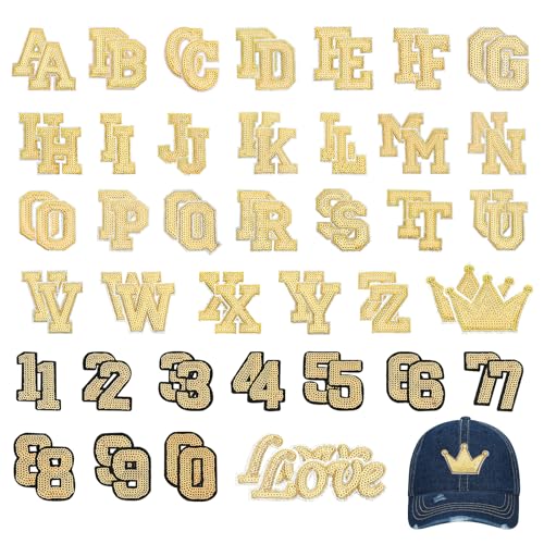 ZZXLLRO 76Pcs Iron on Letters, A-Z Sequin Letter Patches, Shiny Gold Numbers 0-9 Applique Patches for Clothing, Bags, Jackets, Jeans, Shoes DIY Accessory Craft Decoration