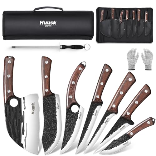 Huusk 10pcs Viking Kitchen Knives Set - Serbian Chef Knife, Boning Knife, Meat Cleaver - BBQ, Outdoor, Camping - Silver High Carbon Steel - Forged Ebony Handle - Not Dishwasher Safe