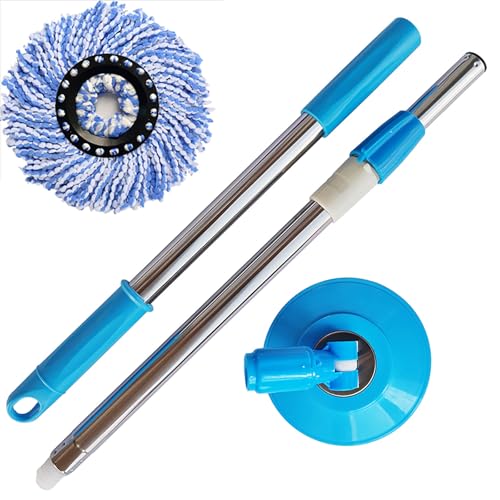 Spin Mop Replacement Handle, 47.6-Inch 360 Degrees Rotating Telescopic Stick With Robust Reinforced Plastic Disc for Bucket Cleaning System (Blue)