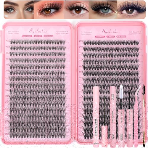 Lash Clusters Kit, 640 Pcs Eyelashes Clusters Extensions Kit 9-16mm Individual Lashes D Curl Fluffy Wispy False Eyelashes Thin Band, with Bond Seal Remover Tweezers Brush DIY (30D+40D Kit 9-16mm)
