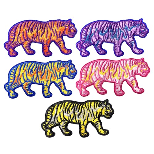 CY Iron On Embroidery Patches Tiger Cool Embroidered Appliques Fashion Badge Colorful Sew On Accessories DIY Custom Decoration for Clothing Jacket Hat,5Pcs
