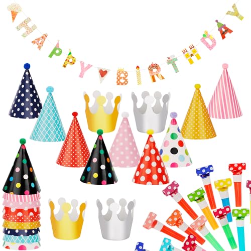 Exacoo 45Pcs Birthday Hat Set Includes 22Pcs Adorable Mini Party Cone Hats,22Pcs Party Noisemakers Whistles,1 Pc Multicolor Banner Party Decorations for Boys Girls Photo Props Class Celebrations