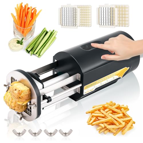 Flyseago Electric French Fry Cutter Automatic Potato Cutter Machine Commercial French Fry Maker Cutter Household with 1/2 & 3/8 Inch Stainless Steel Blades&Tray for Cucumbers, Carrots (Black)