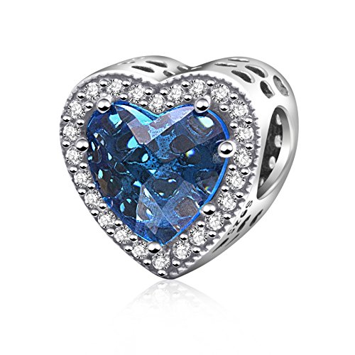 ABUN Radiant Heart Charm with Red and Clear CZ 925 Sterling Silver Love Charm for Bracelet,Mothers Day Gifts (Blue)