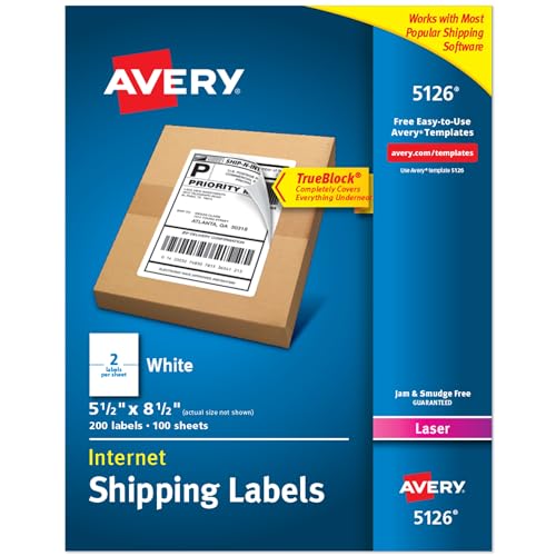 Avery Half-Sheet Printable Shipping Labels, 5.5" x 8.5" Customizable Stickers, White, 200 Blank Mailing Labels, Great for Mailing, Shipping, Organizing, and More (5126)
