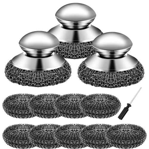 3 Pcs Steel Wool Scrubber with Handle Heavy Duty Metal Pot Scrubber Brush 12 Pcs Stainless Wool for Cleaning Dishes Pans Steel Scouring Pad for Kitchen Cast Iron Sink Griddles Grills